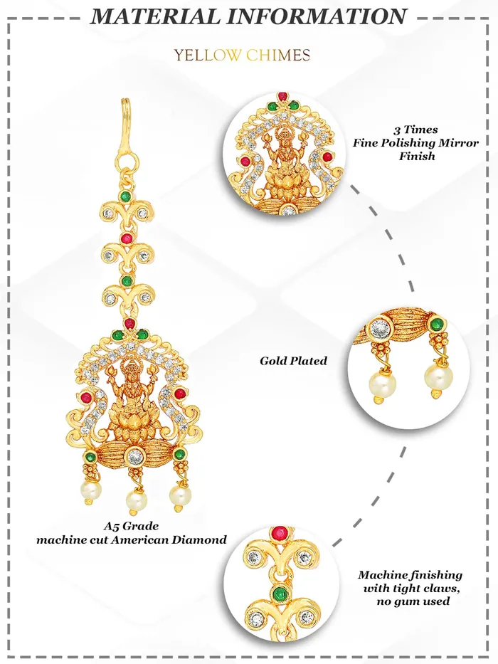 Necklaces Yellow Chimes Yellow Chimes Classic ADAmerican Diamond Studded Gold Plated Lakshmi Design Maang Tikka for Women and Girls Multicolor Medium