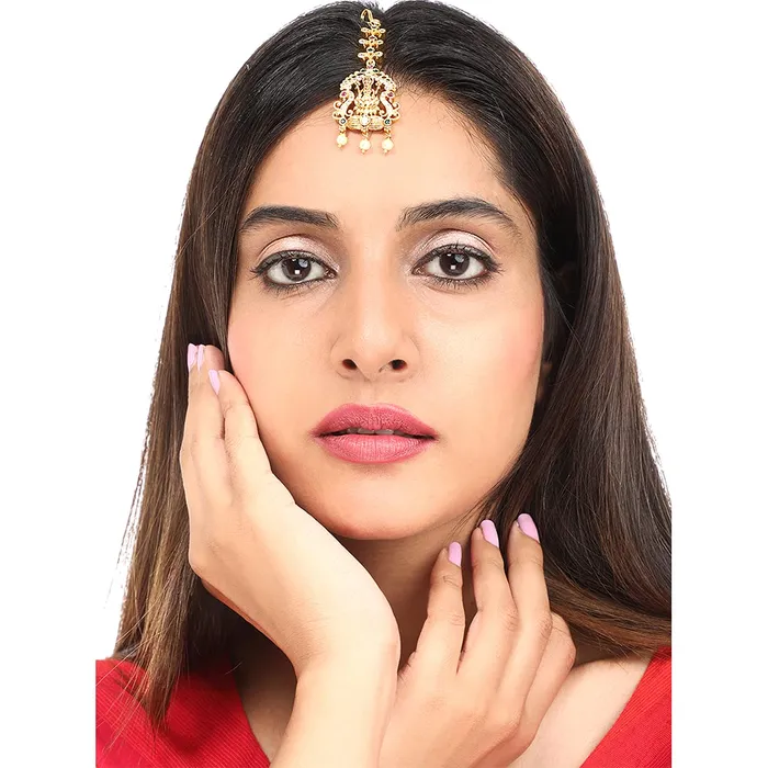 Necklaces Yellow Chimes Yellow Chimes Classic ADAmerican Diamond Studded Gold Plated Lakshmi Design Maang Tikka for Women and Girls Multicolor Medium