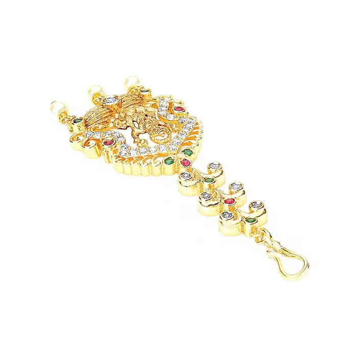 Necklaces Yellow Chimes Yellow Chimes Classic ADAmerican Diamond Studded Gold Plated Lakshmi Design Maang Tikka for Women and Girls Multicolor Medium