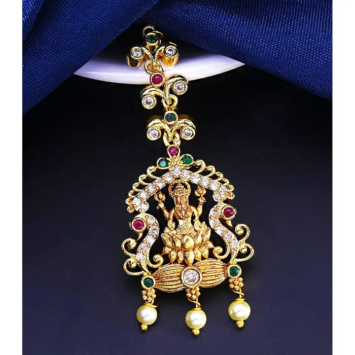 Necklaces Yellow Chimes Yellow Chimes Classic ADAmerican Diamond Studded Gold Plated Lakshmi Design Maang Tikka for Women and Girls Multicolor Medium