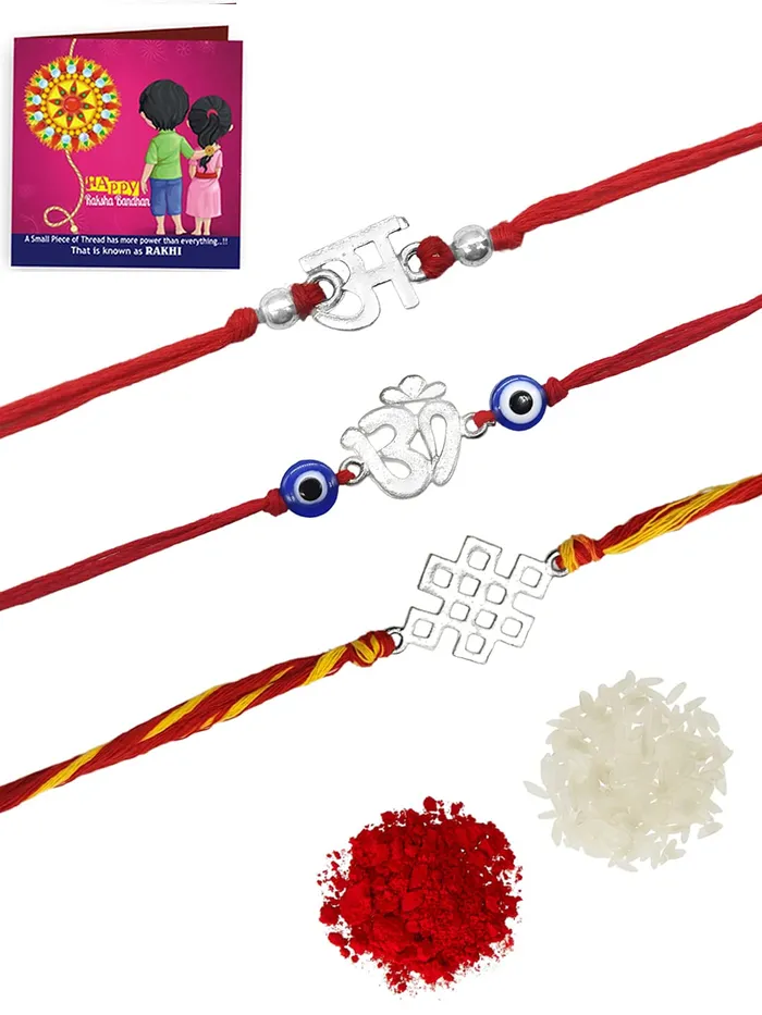 Necklaces Yellow Chimes Yellow Chimes Combo of 3 Pcs Handmade Dori Worked Silver Toned OM Initial Letter A and Celtic Design Evil Eye Beads Rakhi for Brother with Roli Chawal Red Silver Medium YCTJRK32BHAYSL Necklaces Yellow Chimes Yellow Chimes Combo of 3 Pcs Handmade Dori Worked Silver Toned OM Initial Letter A and Celtic Design Evil Eye Beads Rakhi for Brother with Roli Chawal Red Silver Medium YCTJRK32BHAYSL