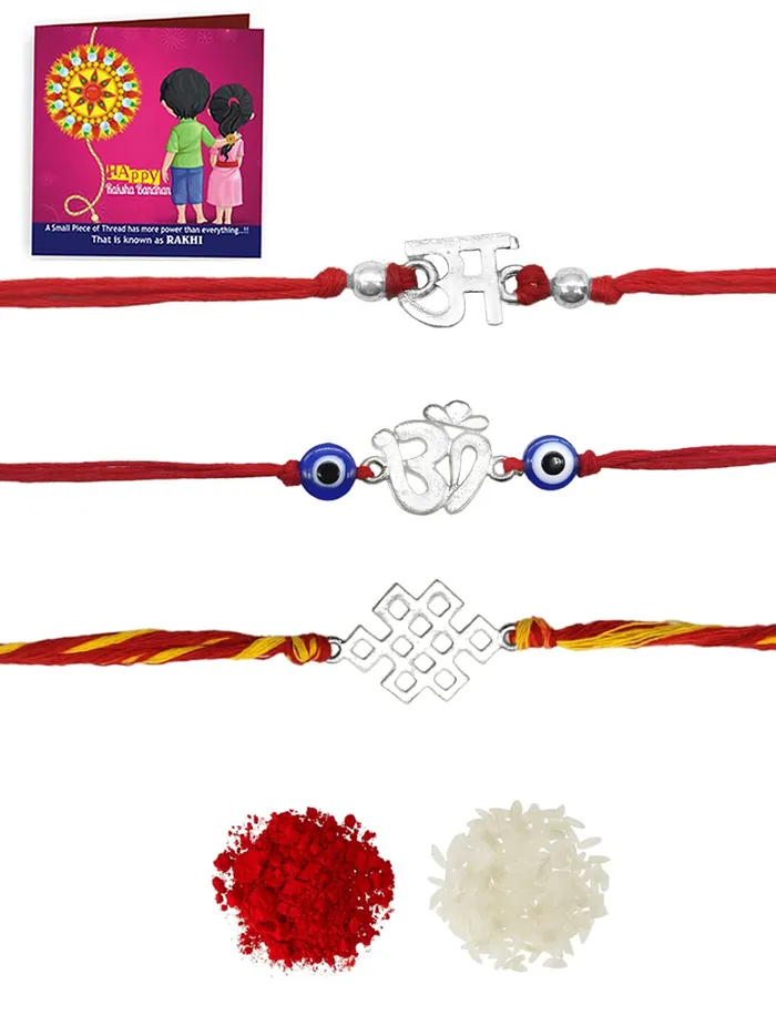 Necklaces Yellow Chimes Yellow Chimes Combo of 3 Pcs Handmade Dori Worked Silver Toned OM Initial Letter A and Celtic Design Evil Eye Beads Rakhi for Brother with Roli Chawal Red Silver Medium YCTJRK32BHAYSL