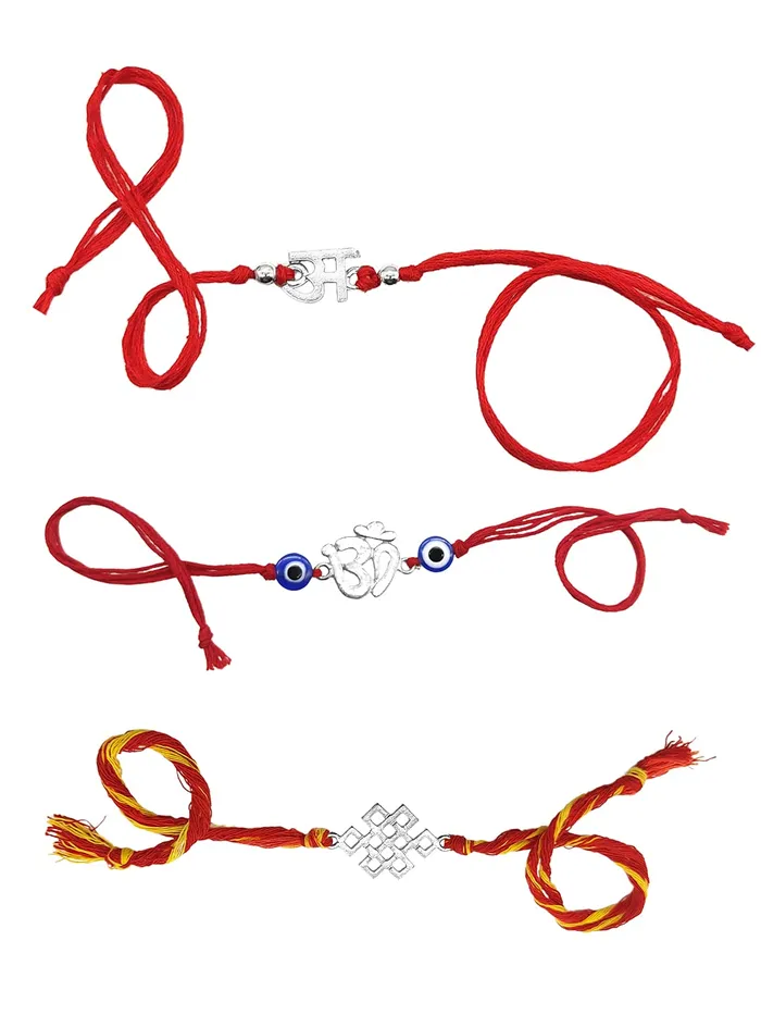 Necklaces Yellow Chimes Yellow Chimes Combo of 3 Pcs Handmade Dori Worked Silver Toned OM Initial Letter A and Celtic Design Evil Eye Beads Rakhi for Brother with Roli Chawal Red Silver Medium YCTJRK32BHAYSL
