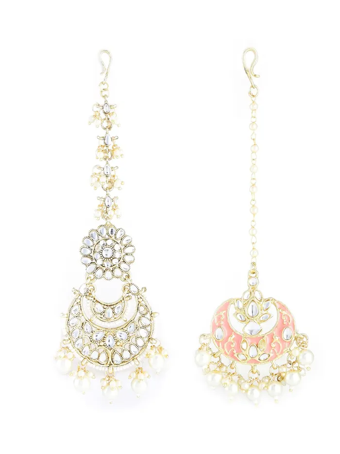 Necklaces Yellow Chimes Yellow Chimes Combo of Traditional Gold Plated Studded Kundan Beads Design Ethnic Maang Tikka for Women and Girls Design 1