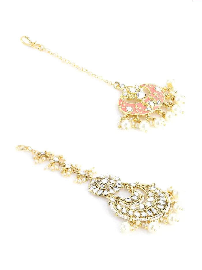 Necklaces Yellow Chimes Yellow Chimes Combo of Traditional Gold Plated Studded Kundan Beads Design Ethnic Maang Tikka for Women and Girls Design 1