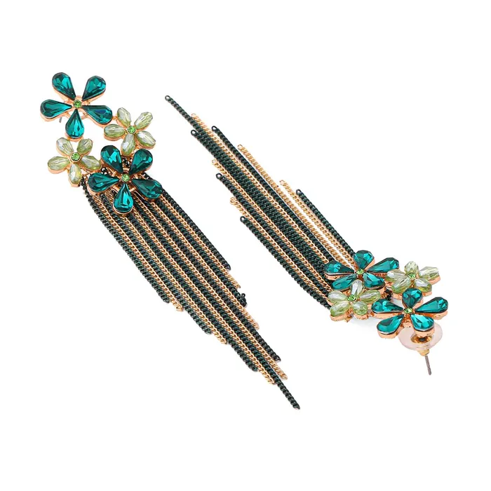 Necklaces Yellow Chimes Yellow Chimes Crystal Danglers Earrings for Women Floral Shaped Crystal Green Long Chain Dangler Earrings for Women and Girls
