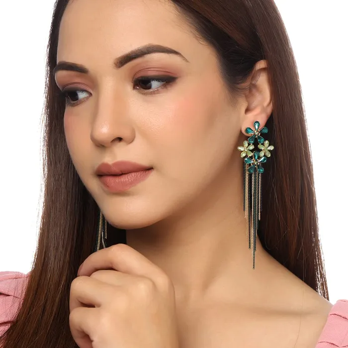 Necklaces Yellow Chimes Yellow Chimes Crystal Danglers Earrings for Women Floral Shaped Crystal Green Long Chain Dangler Earrings for Women and Girls