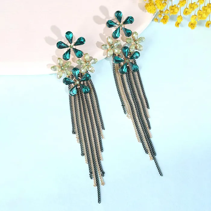 Necklaces Yellow Chimes Yellow Chimes Crystal Danglers Earrings for Women Floral Shaped Crystal Green Long Chain Dangler Earrings for Women and Girls