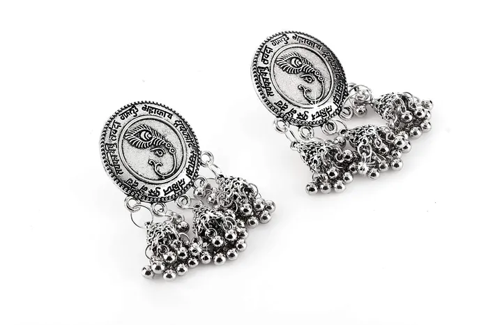 Necklaces Yellow Chimes Yellow Chimes Designer Peacock Feather Sanskrit Shloka Mantra Carved Script Oxidized Silver Plated JhumkaJhumki Earrings for Women and Girls