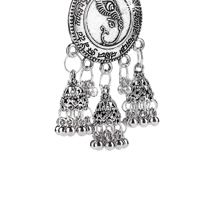 Necklaces Yellow Chimes Yellow Chimes Designer Peacock Feather Sanskrit Shloka Mantra Carved Script Oxidized Silver Plated JhumkaJhumki Earrings for Women and Girls