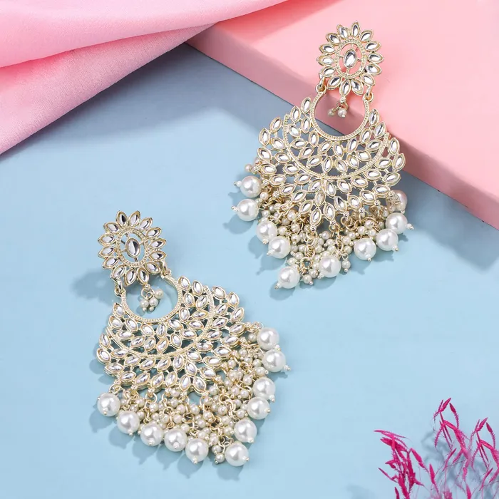 Necklaces Yellow Chimes Yellow Chimes Earrings for Women and Girls Kundans Chandbali Gold Plated Kundan Studded White Beads Drop Earrings Birthday Gift for girls and women Anniversary Gift for Wife