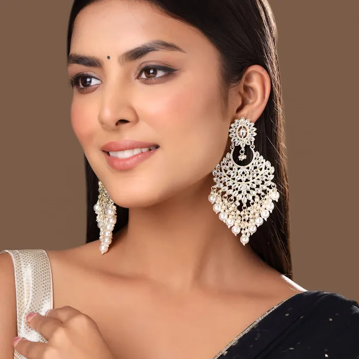 Necklaces Yellow Chimes Yellow Chimes Earrings for Women and Girls Kundans Chandbali Gold Plated Kundan Studded White Beads Drop Earrings Birthday Gift for girls and women Anniversary Gift for Wife