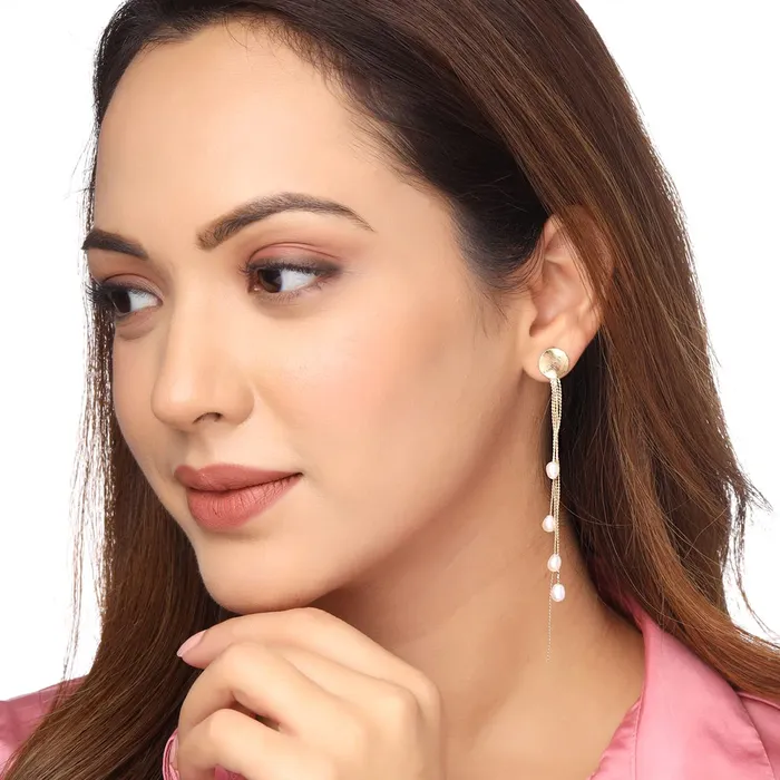Necklaces Yellow Chimes Yellow Chimes Earrings For Women Gold Tone Clip On Stud With Long Tassel Chain Pearl Drop Hanging Dangler Earrings For Women and Girls