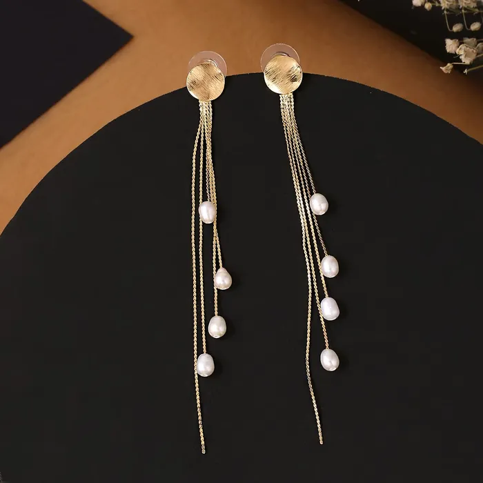 Necklaces Yellow Chimes Yellow Chimes Earrings For Women Gold Tone Clip On Stud With Long Tassel Chain Pearl Drop Hanging Dangler Earrings For Women and Girls