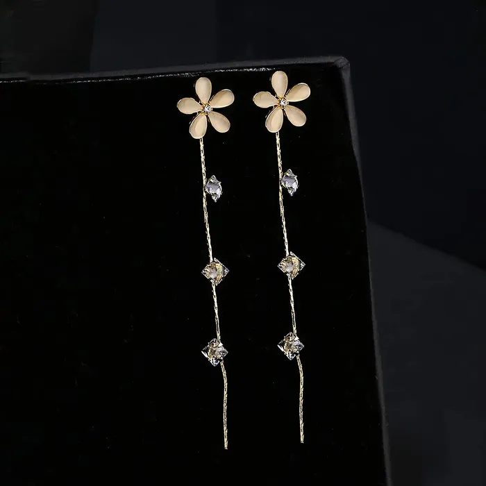Necklaces Yellow Chimes Yellow Chimes Earrings For Women Gold Tone Crystal Studded Flower Stud With Linear Chain Tassel Hanging Dangler Earrings For Women and Girls