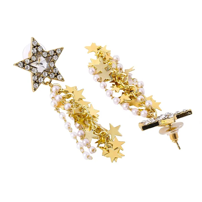 Necklaces Yellow Chimes Yellow Chimes Earrings For Women Gold Tone Crystal Studded Star Long Multilayer Chain Tassel Pearl Drop Dangler Earrings For Women and Girls