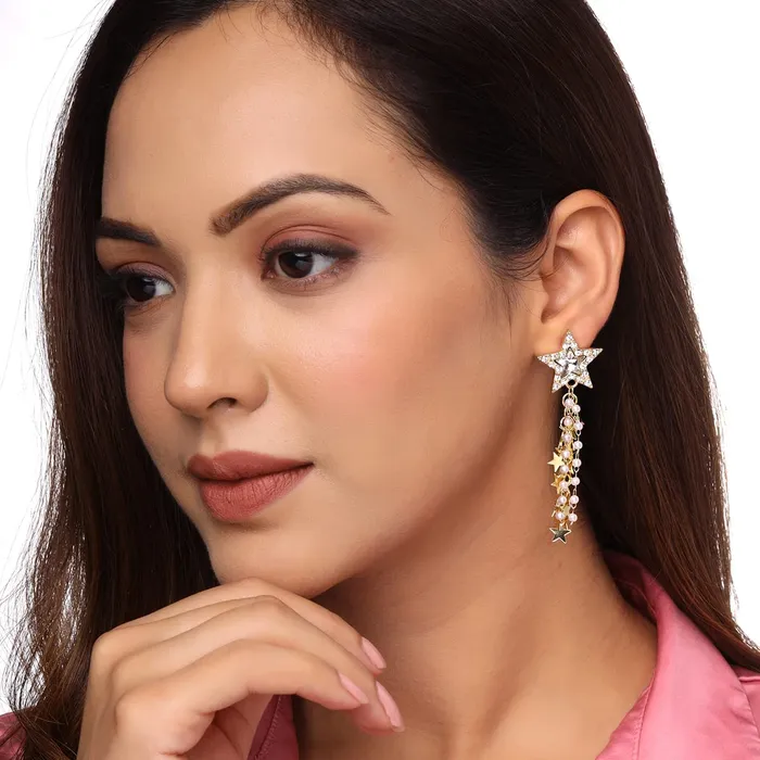 Necklaces Yellow Chimes Yellow Chimes Earrings For Women Gold Tone Crystal Studded Star Long Multilayer Chain Tassel Pearl Drop Dangler Earrings For Women and Girls