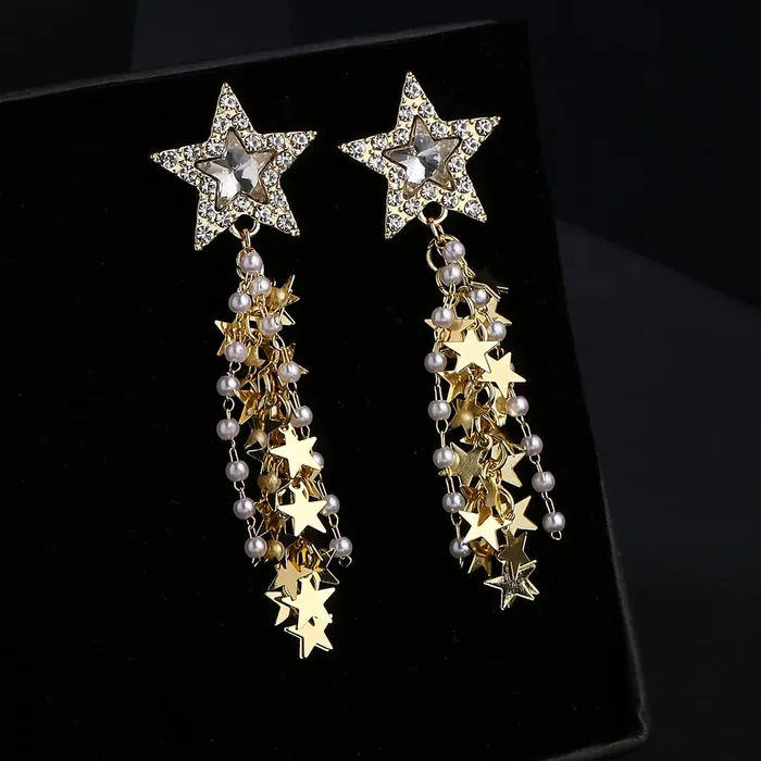 Necklaces Yellow Chimes Yellow Chimes Earrings For Women Gold Tone Crystal Studded Star Long Multilayer Chain Tassel Pearl Drop Dangler Earrings For Women and Girls