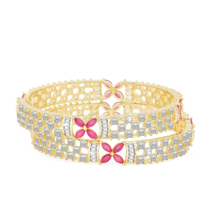 Necklaces Yellow Chimes Yellow Chimes Elegant Floral Design ADAmerican Diamond Studded 18k Gold Plated Classic 2 PCs Handcrafted Bangles Set for Women Girls 28