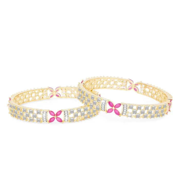 Necklaces Yellow Chimes Yellow Chimes Elegant Floral Design ADAmerican Diamond Studded 18k Gold Plated Classic 2 PCs Handcrafted Bangles Set for Women Girls 28