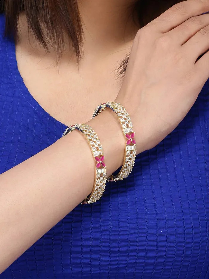 Necklaces Yellow Chimes Yellow Chimes Elegant Floral Design ADAmerican Diamond Studded 18k Gold Plated Classic 2 PCs Handcrafted Bangles Set for Women Girls 28