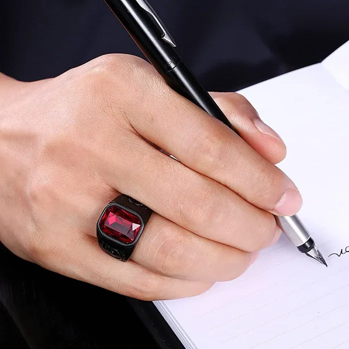 Necklaces Yellow Chimes Yellow Chimes Elegant Stainless Steel Western Red Stone Studded Black Ring for Men and Boys YCFJRG206SQSTNRD