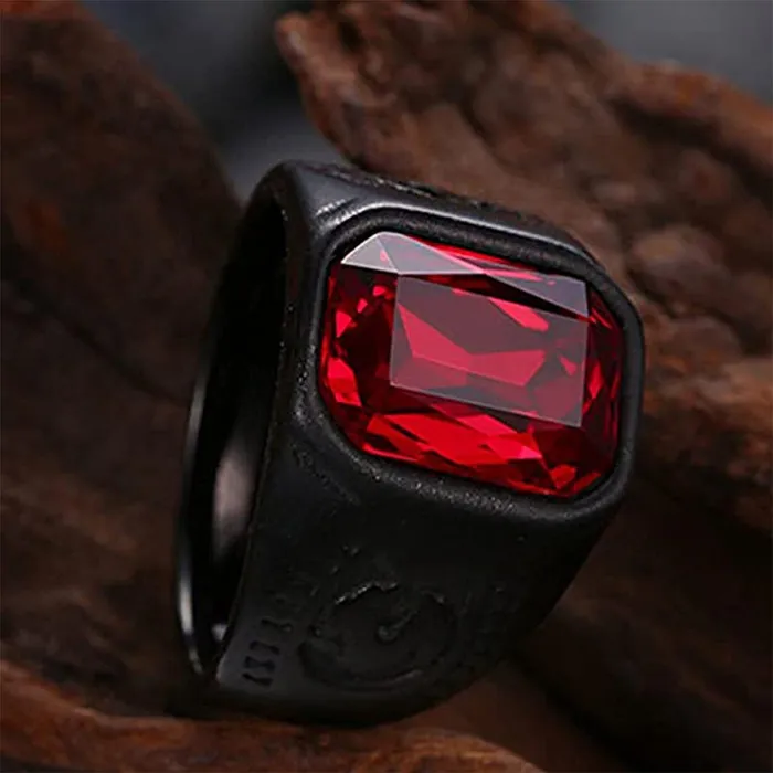 Necklaces Yellow Chimes Yellow Chimes Elegant Stainless Steel Western Red Stone Studded Black Ring for Men and Boys YCFJRG206SQSTNRD