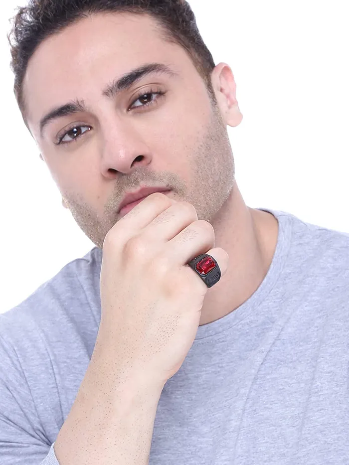 Necklaces Yellow Chimes Yellow Chimes Elegant Stainless Steel Western Red Stone Studded Black Ring for Men and Boys YCFJRG206SQSTNRD