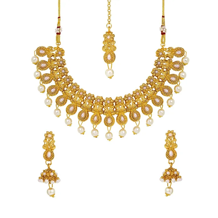 Necklaces Yellow Chimes Yellow Chimes Ethnic Gold Plated Studded Kundan Pearl Moti Beads Jewellery Set Traditional Choker Necklace Set with Earrings and maang Tikka for Women and Girls Necklaces Yellow Chimes Yellow Chimes Ethnic Gold Plated Studded Kundan Pearl Moti Beads Jewellery Set Traditional Choker Necklace Set with Earrings and maang Tikka for Women and Girls
