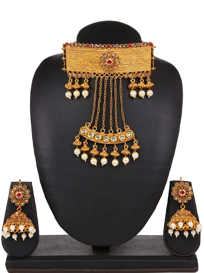 Necklaces Yellow Chimes Yellow Chimes Ethnic Gold Plated Studded stones Flower Jhumka design Pearl Traditional Choker Necklace Set for Women and Girls Medium YCTJNS67CKRPRLGL