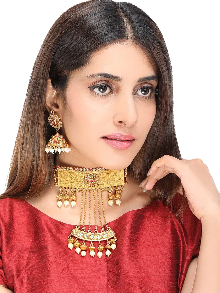 Necklaces Yellow Chimes Yellow Chimes Ethnic Gold Plated Studded stones Flower Jhumka design Pearl Traditional Choker Necklace Set for Women and Girls Medium YCTJNS67CKRPRLGL