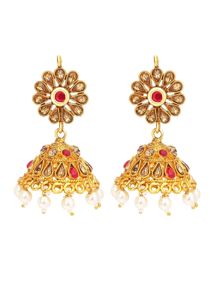 Necklaces Yellow Chimes Yellow Chimes Ethnic Gold Plated Studded stones Flower Jhumka design Pearl Traditional Choker Necklace Set for Women and Girls Medium YCTJNS67CKRPRLGL