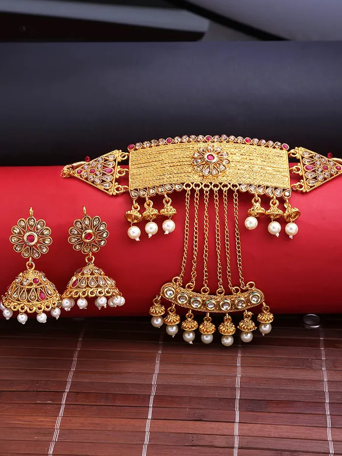 Necklaces Yellow Chimes Yellow Chimes Ethnic Gold Plated Studded stones Flower Jhumka design Pearl Traditional Choker Necklace Set for Women and Girls Medium YCTJNS67CKRPRLGL