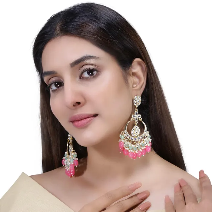 Necklaces Yellow Chimes Yellow Chimes Ethnic Gold Plated Traditional Meenakari Peacock Flower Design Beads Chandbali Earrings for Women and Girls Design 13