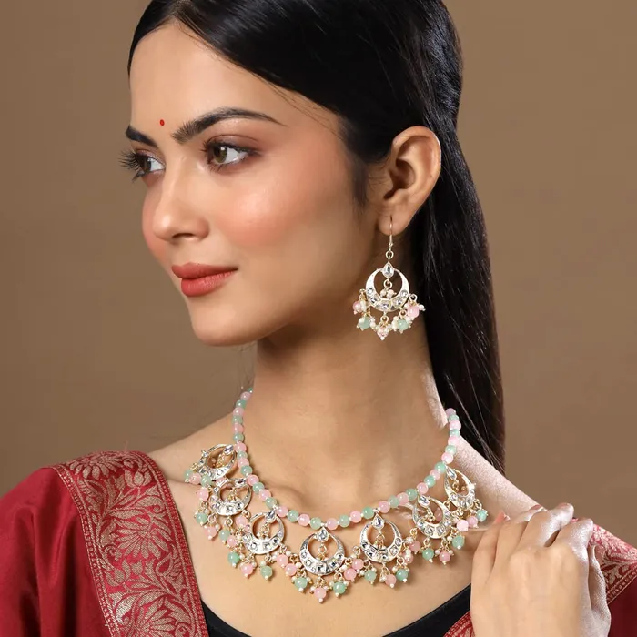 Necklaces Yellow Chimes Yellow Chimes Jewellery Set for Women and Girls Kundan Jewellery Set for Women Gold Tone Moti Beads Kundan Choker Necklace Set Birthday Gift for girls and women Anniversary Gift for Wife