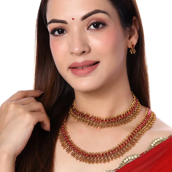 Necklaces Yellow Chimes Yellow Chimes Jewellery Set for Women and Girls Traditional Red Kundans Necklace Set Gold Plated Multilayer Necklace Set Birthday Gift for girls and women Anniversary Gift for Wife