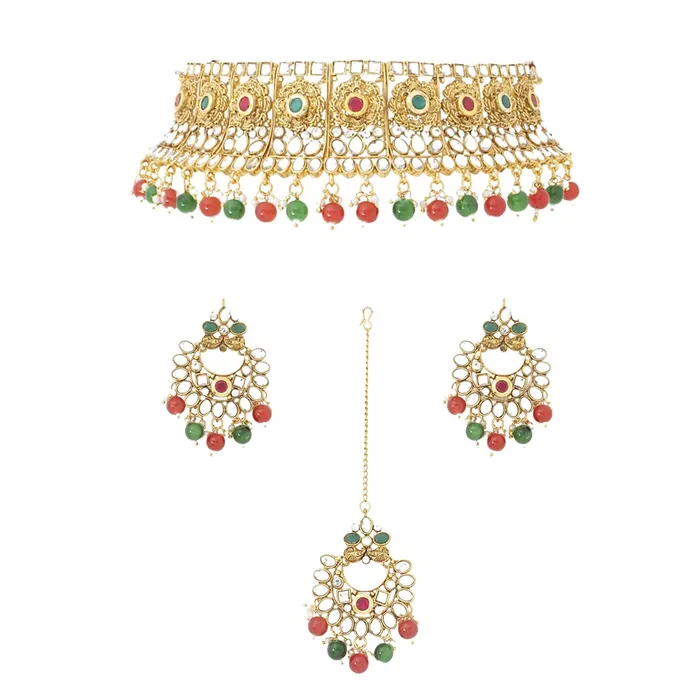 Necklaces Yellow Chimes Yellow Chimes Jewellery Set For Women Kundan studded Heavy Choker Set With Dangler Earrings and Mangtikka For Women and Girls Necklaces Yellow Chimes Yellow Chimes Jewellery Set For Women Kundan studded Heavy Choker Set With Dangler Earrings and Mangtikka For Women and Girls