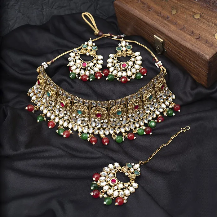 Necklaces Yellow Chimes Yellow Chimes Jewellery Set For Women Kundan studded Heavy Choker Set With Dangler Earrings and Mangtikka For Women and Girls