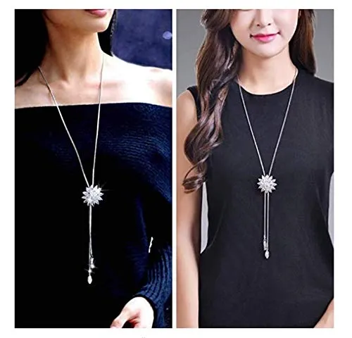 Necklaces Yellow Chimes Yellow Chimes Long Chain Necklace for Women Diamond Sparkling Crystal Flower Long Chain Pendant Necklace for Women and Girls