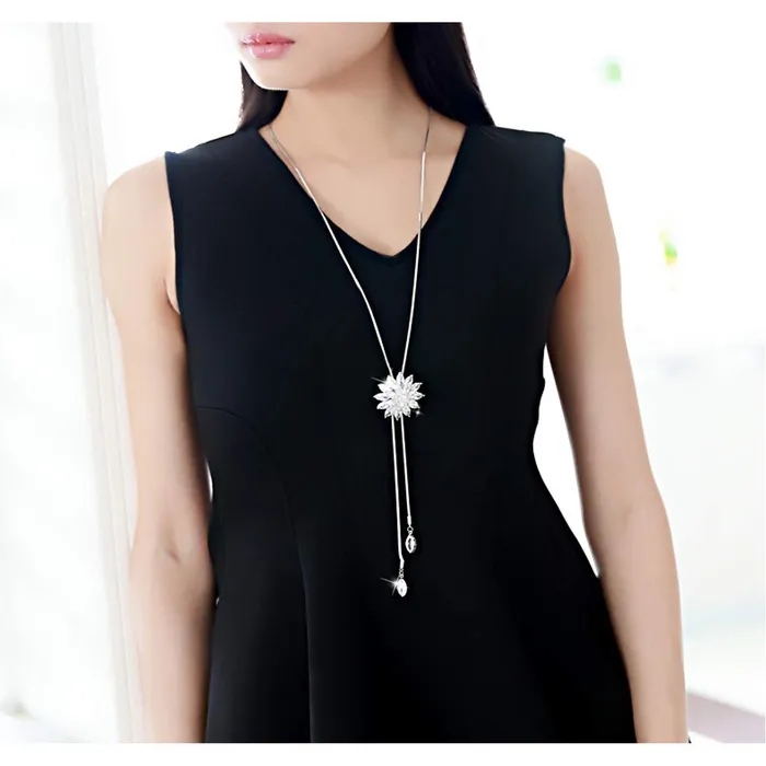 Necklaces Yellow Chimes Yellow Chimes Long Chain Necklace for Women Diamond Sparkling Crystal Flower Long Chain Pendant Necklace for Women and Girls