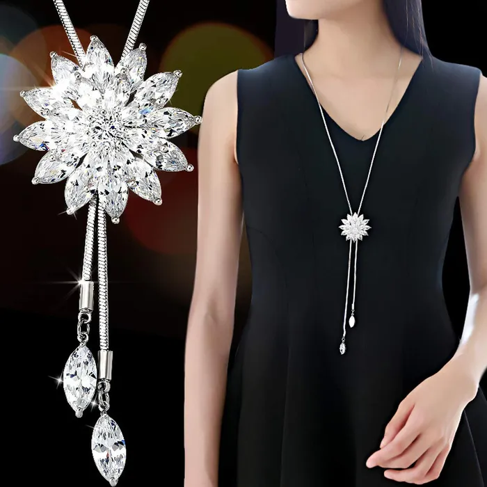 Necklaces Yellow Chimes Yellow Chimes Long Chain Necklace for Women Diamond Sparkling Crystal Flower Long Chain Pendant Necklace for Women and Girls
