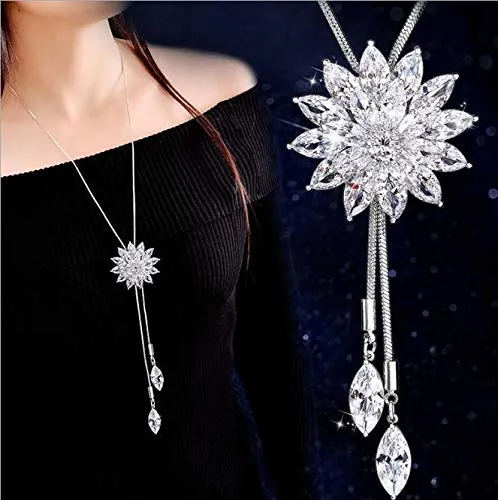 Necklaces Yellow Chimes Yellow Chimes Long Chain Necklace for Women Diamond Sparkling Crystal Flower Long Chain Pendant Necklace for Women and Girls