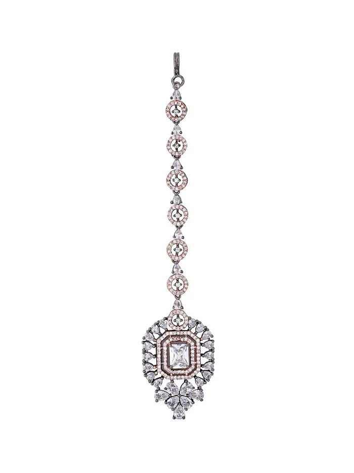 Necklaces Yellow Chimes Yellow Chimes Maang Tikka for Women Beautiful ADAmerican Diamond Studded Rhodium Plated Crystal Maang Tikka for Women and Girls Design 12