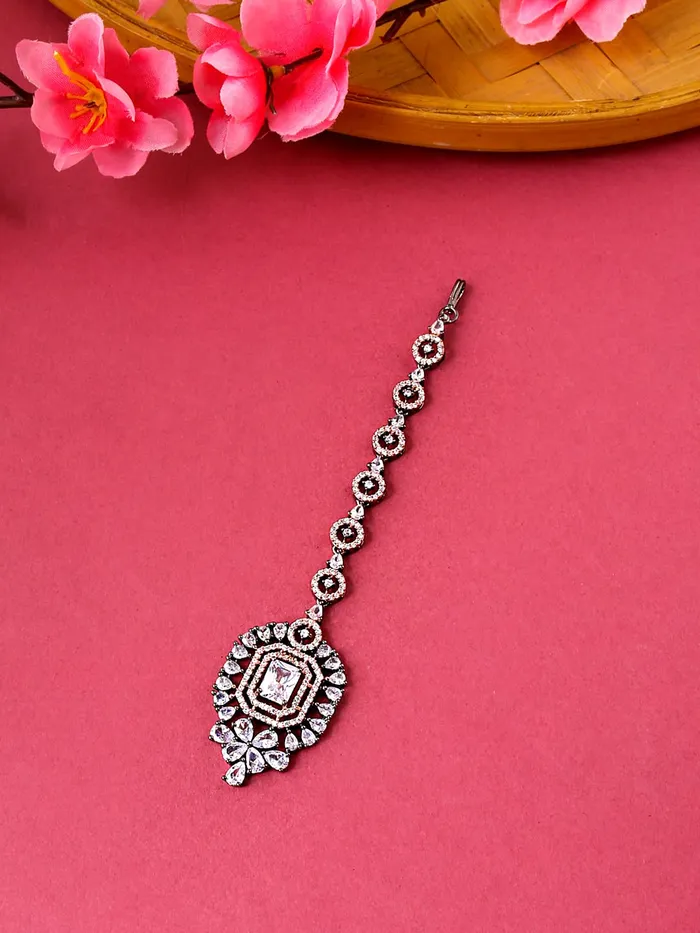 Necklaces Yellow Chimes Yellow Chimes Maang Tikka for Women Beautiful ADAmerican Diamond Studded Rhodium Plated Crystal Maang Tikka for Women and Girls Design 12