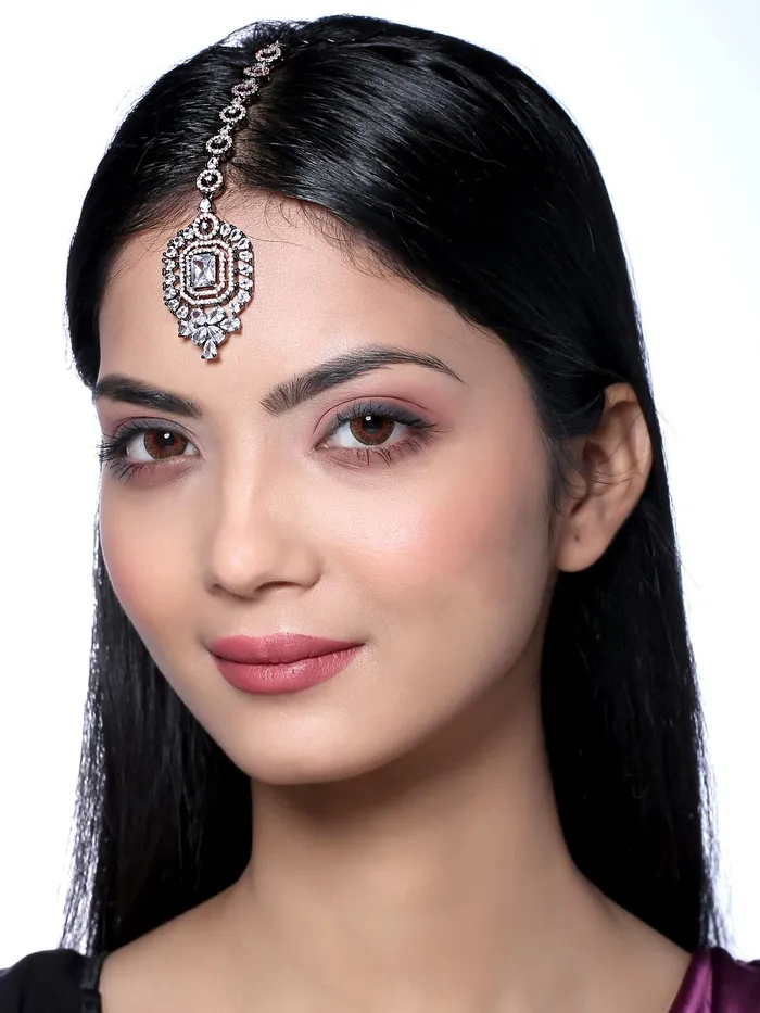 Necklaces Yellow Chimes Yellow Chimes Maang Tikka for Women Beautiful ADAmerican Diamond Studded Rhodium Plated Crystal Maang Tikka for Women and Girls Design 12