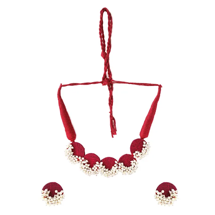 Necklaces Yellow Chimes Yellow Chimes Necklace Set for Women and Girls Choker Set for Women Circle Shaped Maroon Woven Wrapped Beads Studded Choker Birthday Gift for girls women Anniversary Gift for Wife