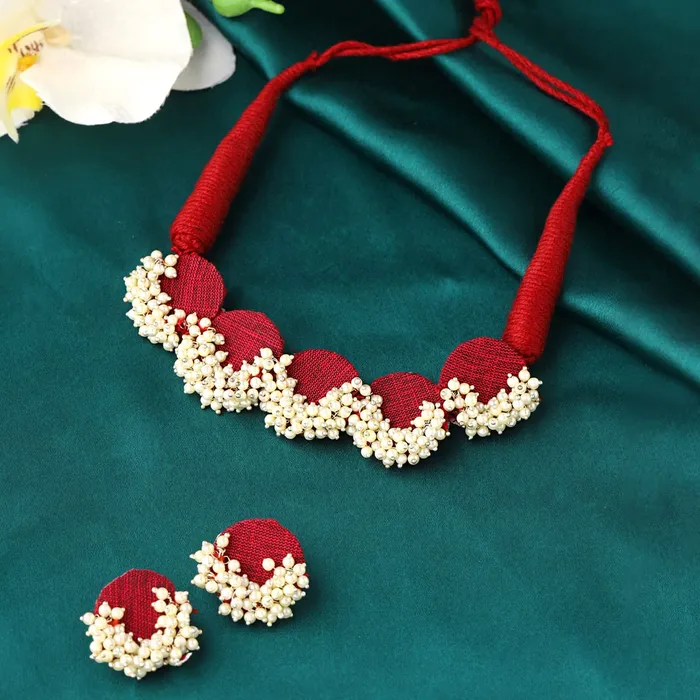 Necklaces Yellow Chimes Yellow Chimes Necklace Set for Women and Girls Choker Set for Women Circle Shaped Maroon Woven Wrapped Beads Studded Choker Birthday Gift for girls women Anniversary Gift for Wife