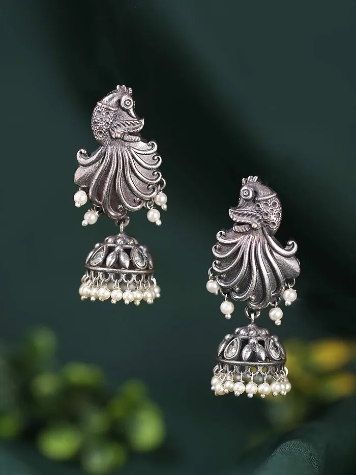 Necklaces Yellow Chimes Yellow Chimes Silver Oxidized Pearl Jhumka Earrings Peacock Designed Jhumki Earrings for Women Girls