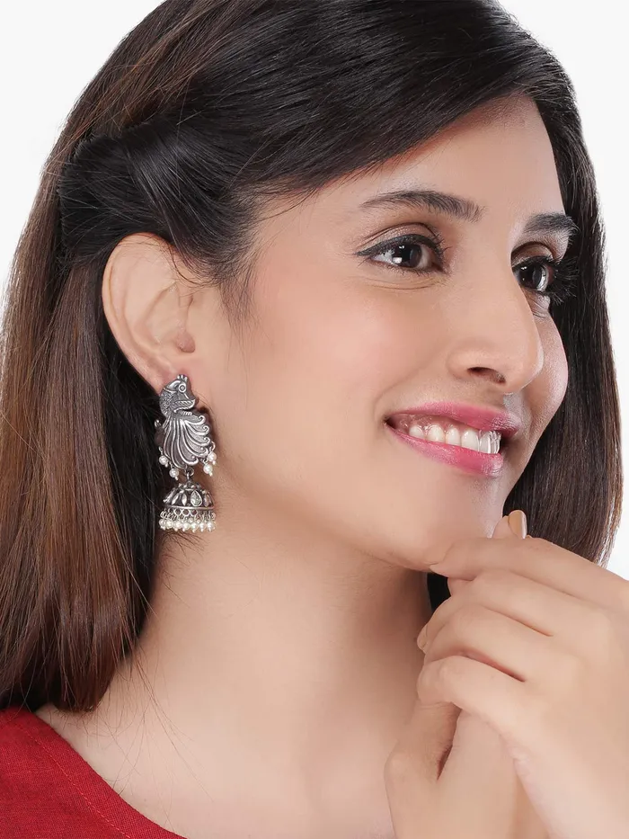 Necklaces Yellow Chimes Yellow Chimes Silver Oxidized Pearl Jhumka Earrings Peacock Designed Jhumki Earrings for Women Girls