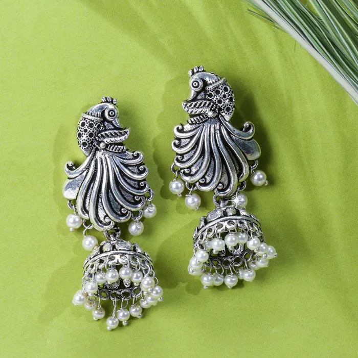 Necklaces Yellow Chimes Yellow Chimes Silver Oxidized Pearl Jhumka Earrings Peacock Designed Jhumki Earrings for Women Girls